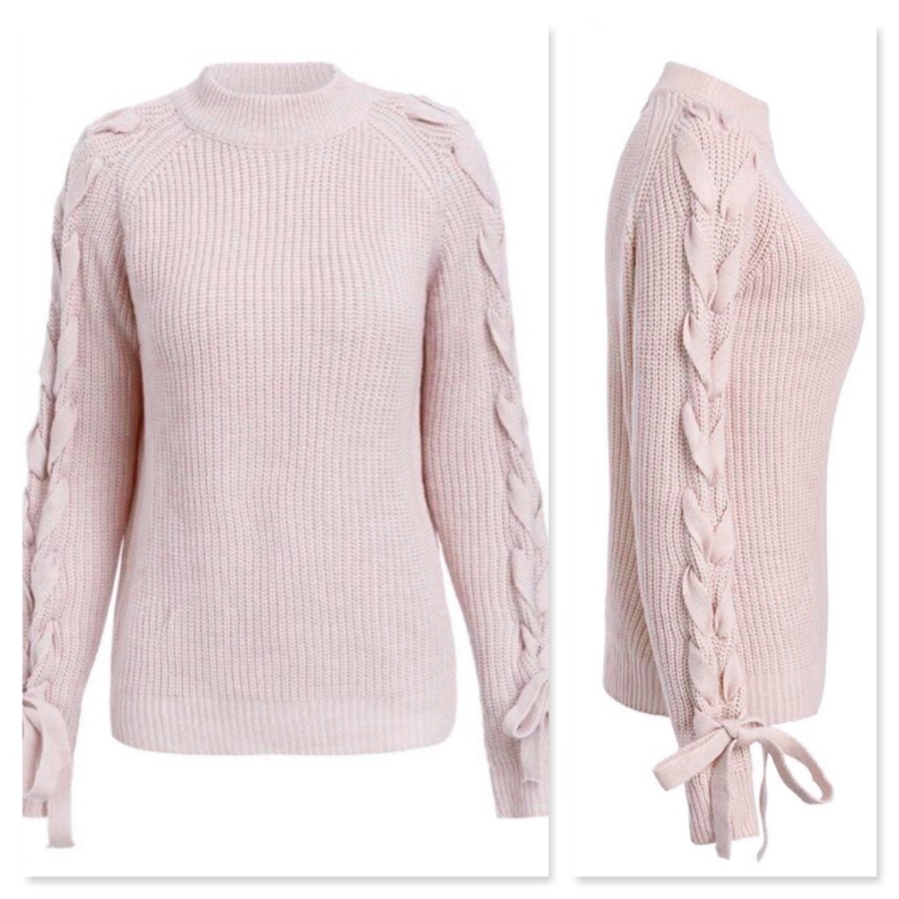 Lace Up Sleeve Knit Tan Sweater - Picture 7 of 8